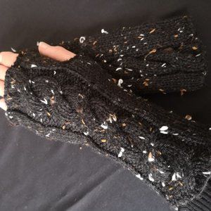 Black Tweed HandKnit Fingerless Gloves Mittens Armwarmer